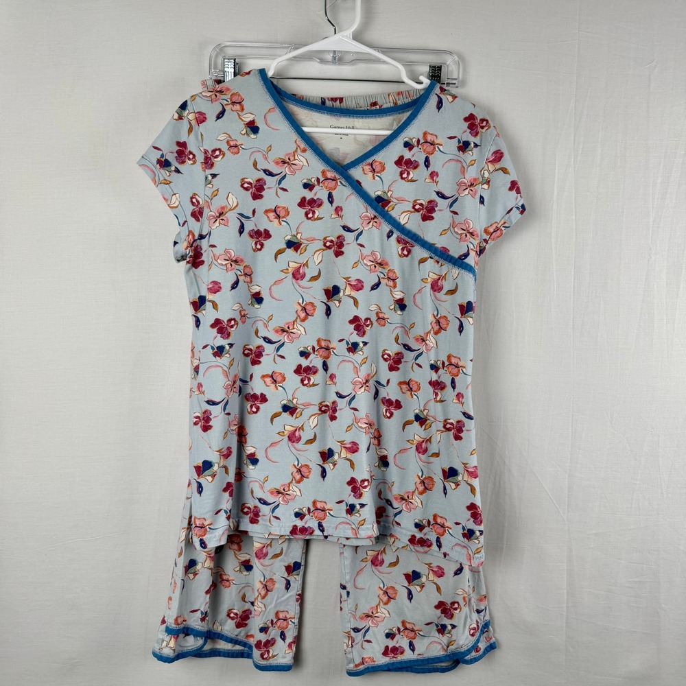 Garnet Hill Organic Cotton Floral Pajama Set Blue Pink V-Neck Short Sleeve M